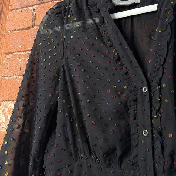 Anthropologie Audrey Clip Dot Black Rainbow Flecked Shirtdress 8 No Slip Sheer - Picture 3 of 13